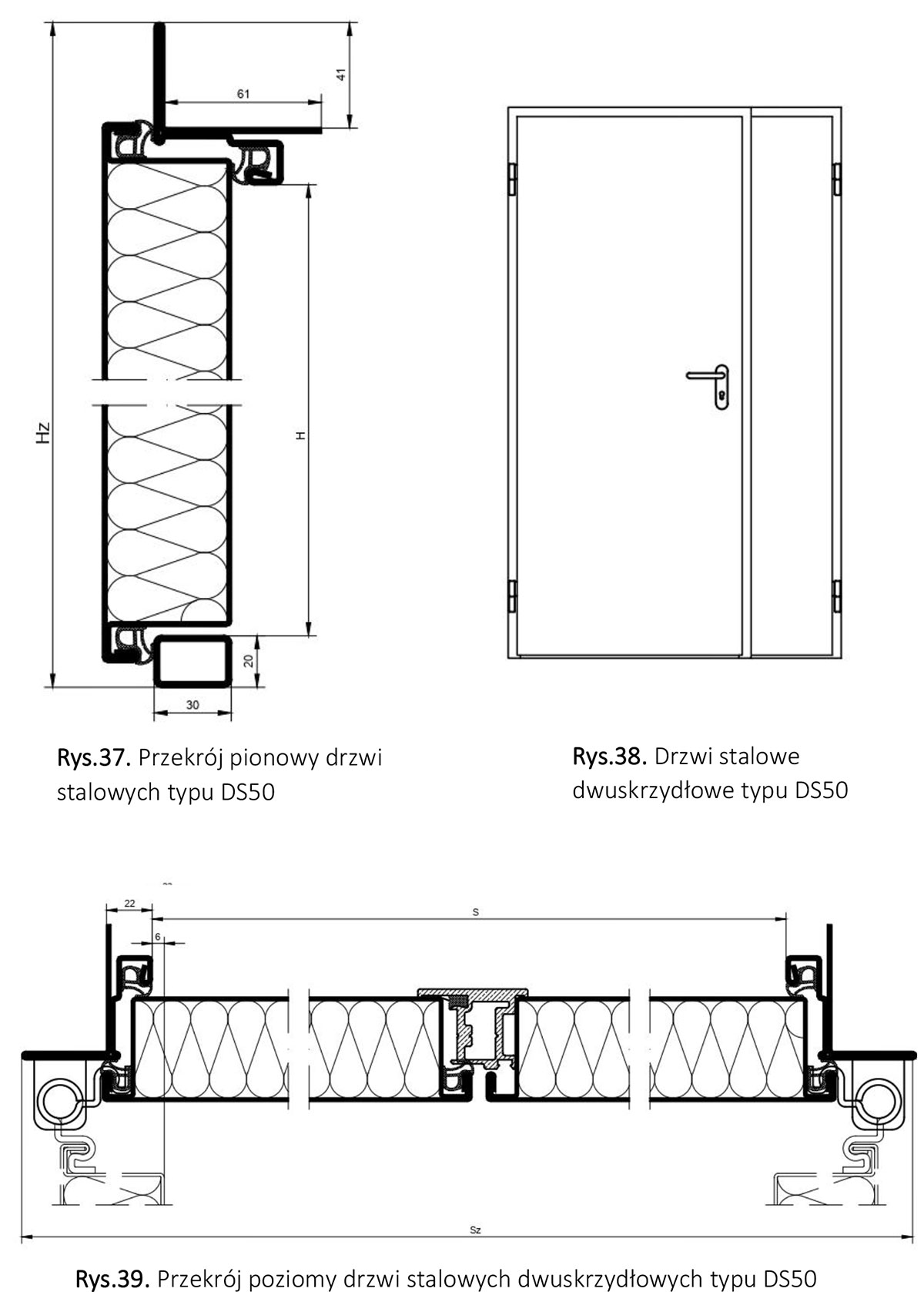 Drzwi stalowe Typ DS50 dwuskrzydłowe - ościeżnica narożna schemat